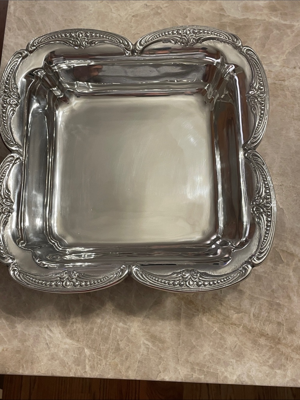 Wilton Armetale Polished Silver 12” Square Serving Bowl with Scalloped Edge